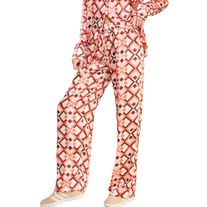 USA Made Ladies Pink Retro Pattern Satin Pants by If She Loves Style # ISP1235A | High Rise with Elastic Waist | Classy Cozy Cool Women's Made in America Clothing Boutique