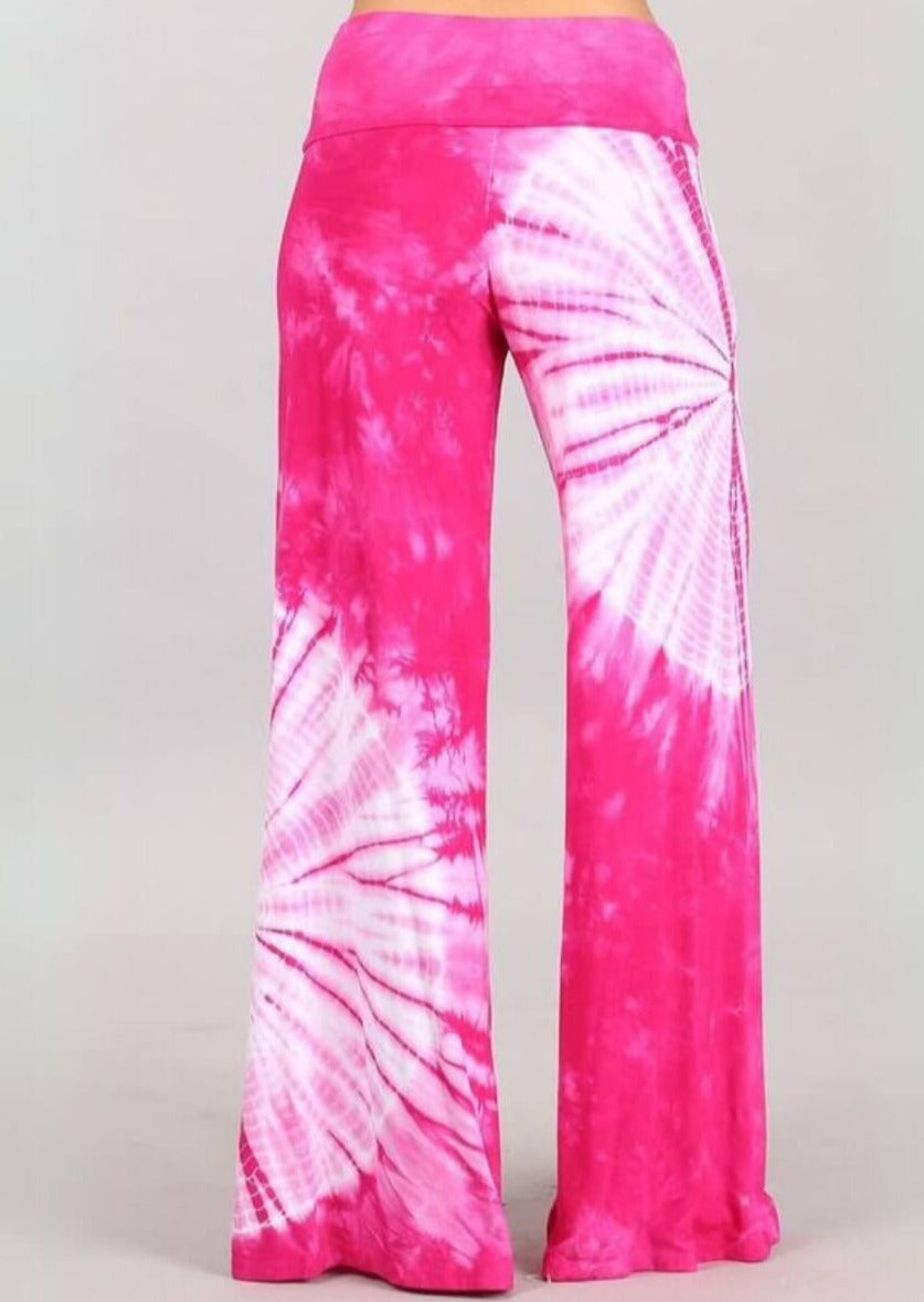 USA Made Fuchsia & White Casual Tie Dye Palazzo Pants Soft & comfortable design with a wide fold over waistband | Classy Cozy Cool Women's Made in USA Boutique