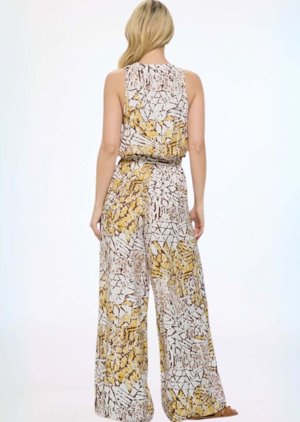 Women's V-Neck Sleeveless Jumpsuit in Unique Pattern with Belt Tie Waist in White, Brown, Mustard & Tan | Made in USA | Classy Cozy Cool Made in America Boutique