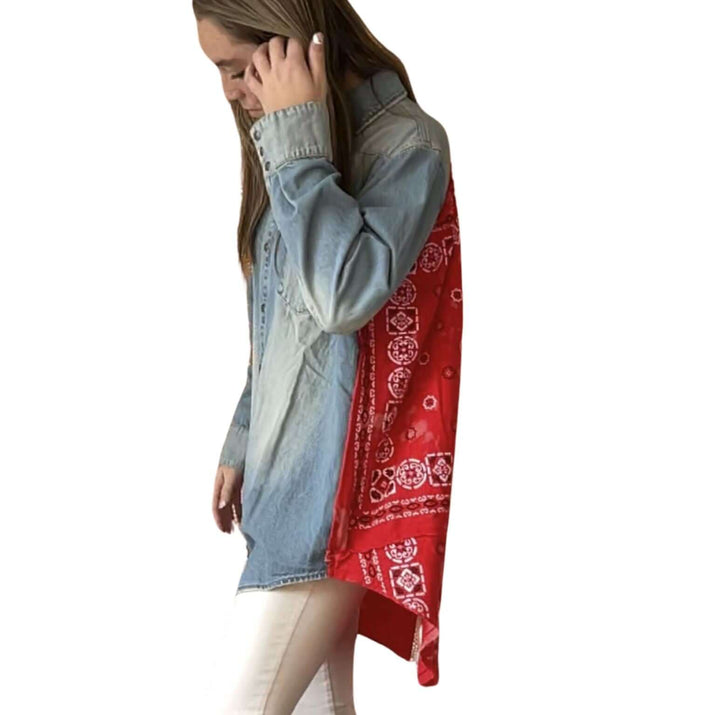 Jaded Gypsy Cowtown Denim Snap Down Boho Design Denim Shirt Jacket with Red Handkerchief Back Panel in Medium Distressed Denim | Made In USA
