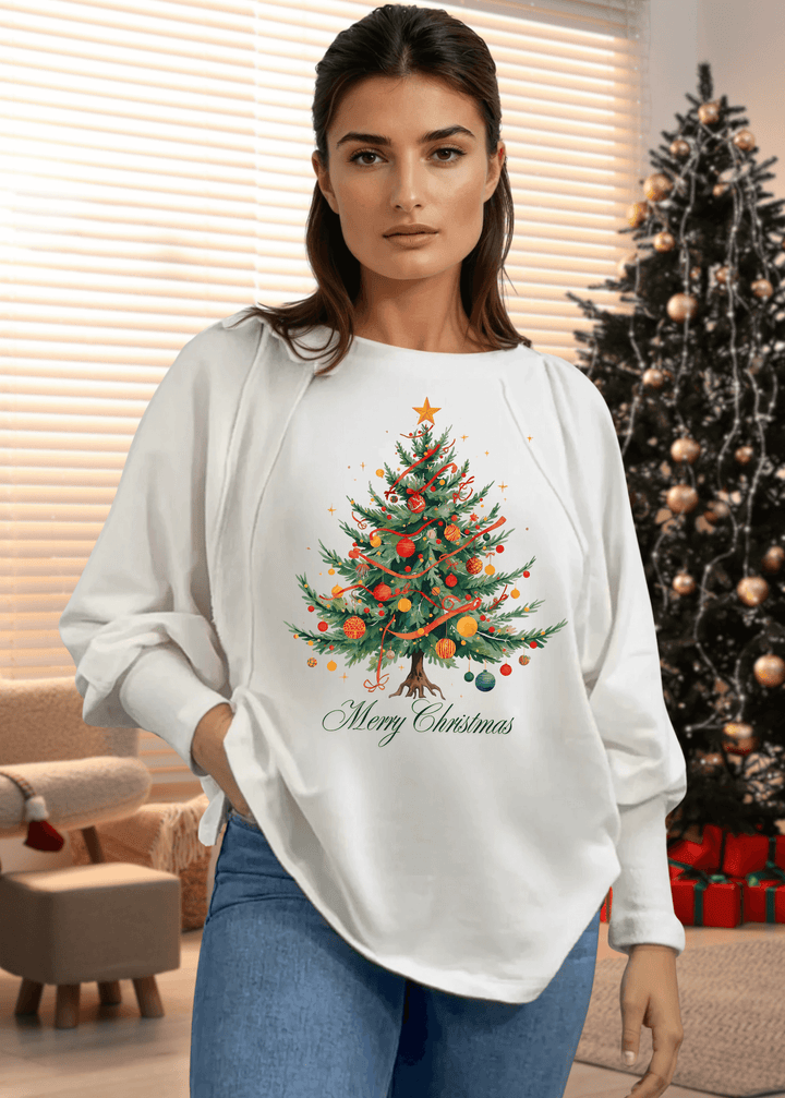 Deck the halls in festive style with this women's playful Colorful Christmas Tree Graphic Sweatshirt. Crafted in the USA from soft, stretchy French terry fabric, this oversized beauty features dramatic dolman bubble sleeves and a relaxed boat neckline for effortless comfort.