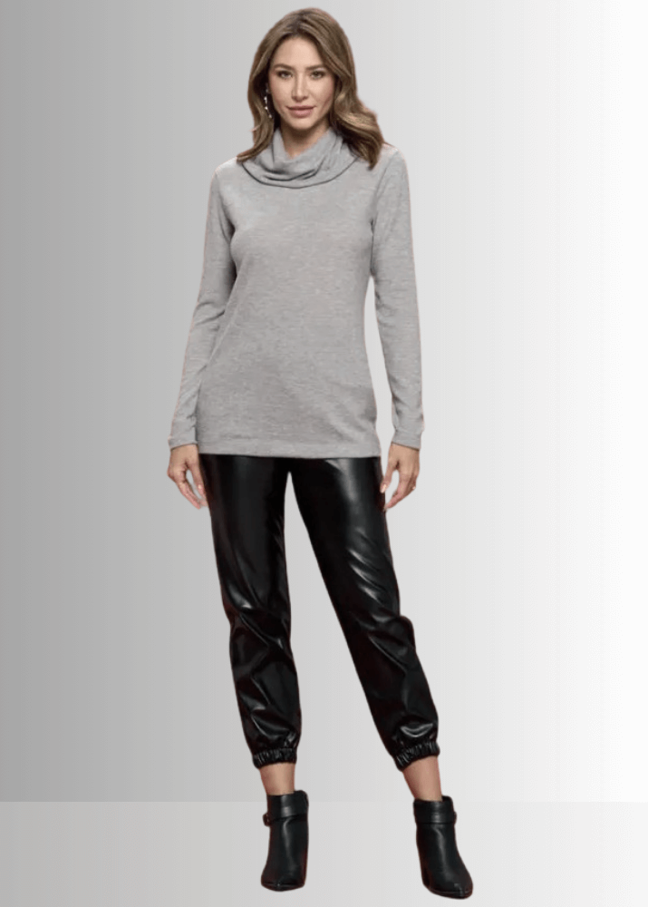 Made in USA Ladies' Super Soft Long Sleeve Cowl Turtle Neck Cashmere Feel Sweater Top in Heather Grey | Renee C Style# 4134TP