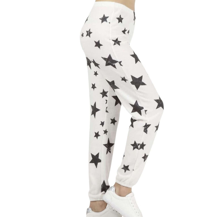 Made in USA Super Soft Loungewear Set Includes Zip Up Hoodie & Joggers with Stars Design in Off White with Charcoal Black Stars | Classy Cozy Cool Women's Made in America Clothing Boutique