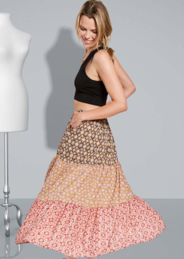 Made in USA Women's Color Block Patterned Maxi Skirt with Side Pockets 3 Unique Patterns | Classy Cozy Cool Women's Made in USA Boutique