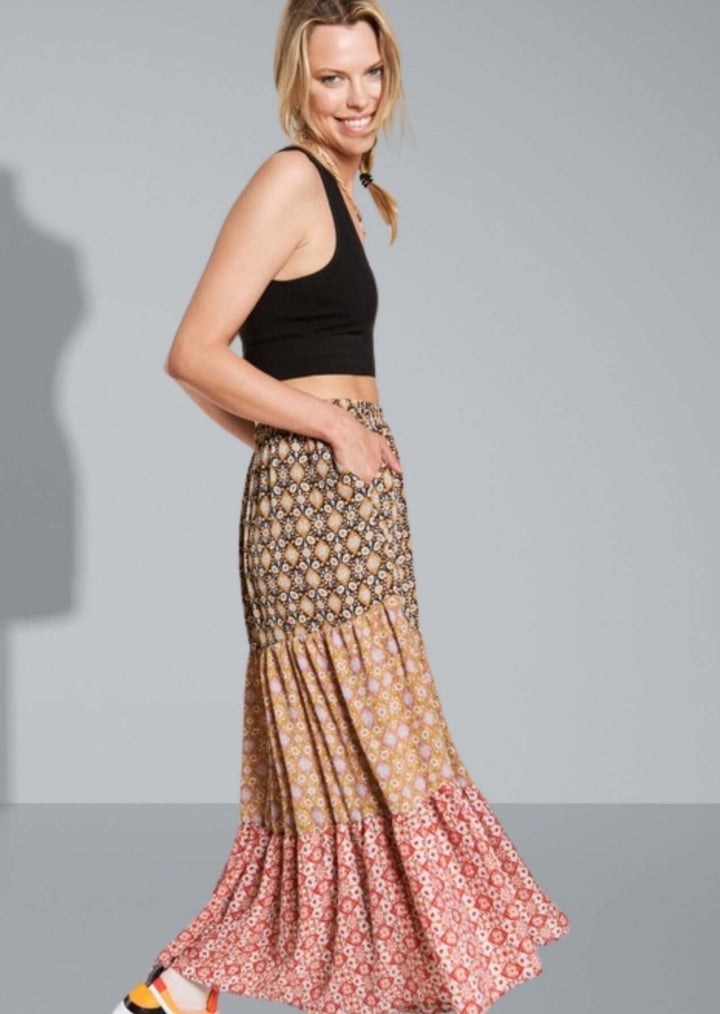 Made in USA Women's Color Block Patterned Maxi Skirt with Side Pockets 3 Unique Patterns | Classy Cozy Cool Women's Made in USA Boutique