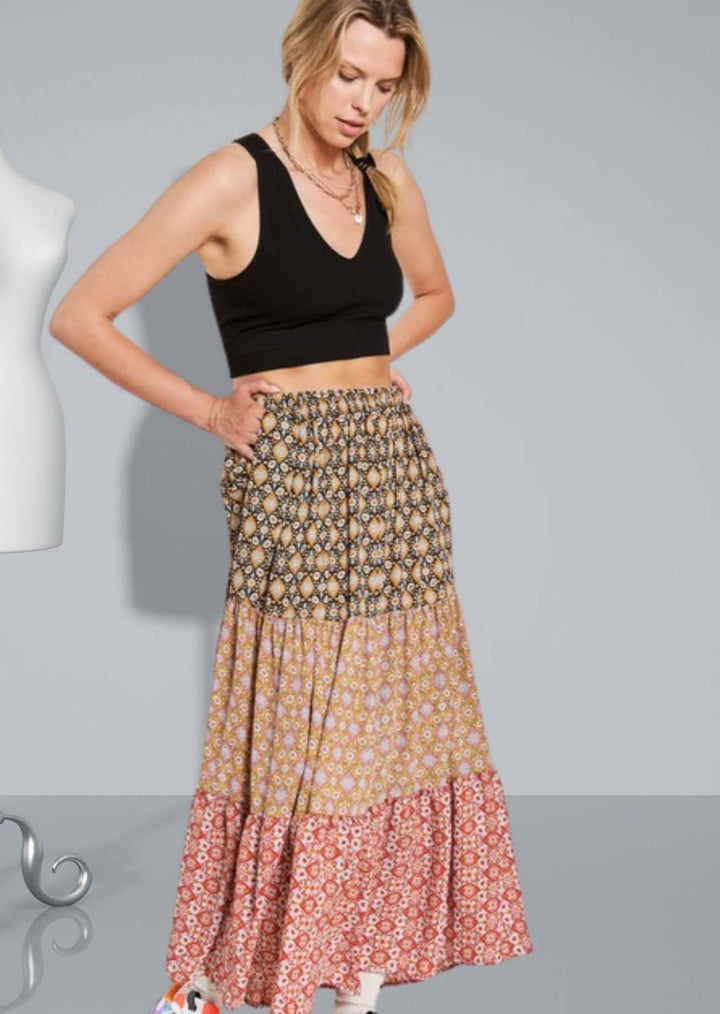 Made in USA Women's Color Block Patterned Maxi Skirt with Side Pockets 3 Unique Patterns | Classy Cozy Cool Women's Made in USA Boutique
