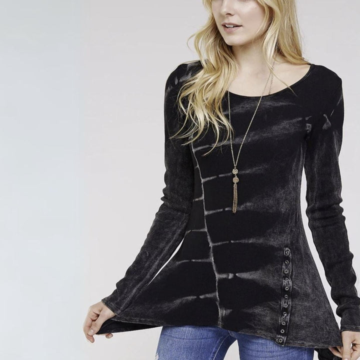 Made in USA Women's Asymmetrical Hem Tie Dye Thermal Tunic in Black/Grey Scoop Neckline, Long Sleeves, 95% Cotton 5% Spandex
