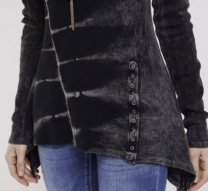 Made in USA Women's Asymmetrical Hem Tie Dye Thermal Tunic in Black/Grey Scoop Neckline, Long Sleeves, 95% Cotton 5% Spandex