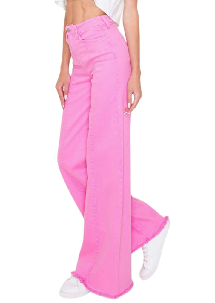 O2 Denim 505 High Waist Flare Jeans in Fuchsia Pink | Style PW505 | Women's fashion clothing made in the USA | Classy Cozy Cool American Boutique