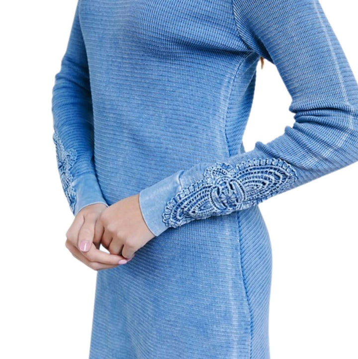 USA Made Ladies Vintage Textured Thermal Crochet Cuff Long Sleeve Cotton Blend Mini Dress in Chambray Blue | Classy Cozy Cool Women's Made in America Clothing Boutique