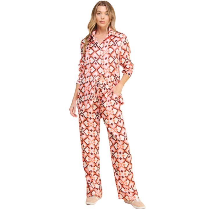 USA Made Ladies Pink Retro Pattern Satin Pants by If She Loves Style # ISP1235A | High Rise with Elastic Waist | Classy Cozy Cool Women's Made in America Clothing Boutique