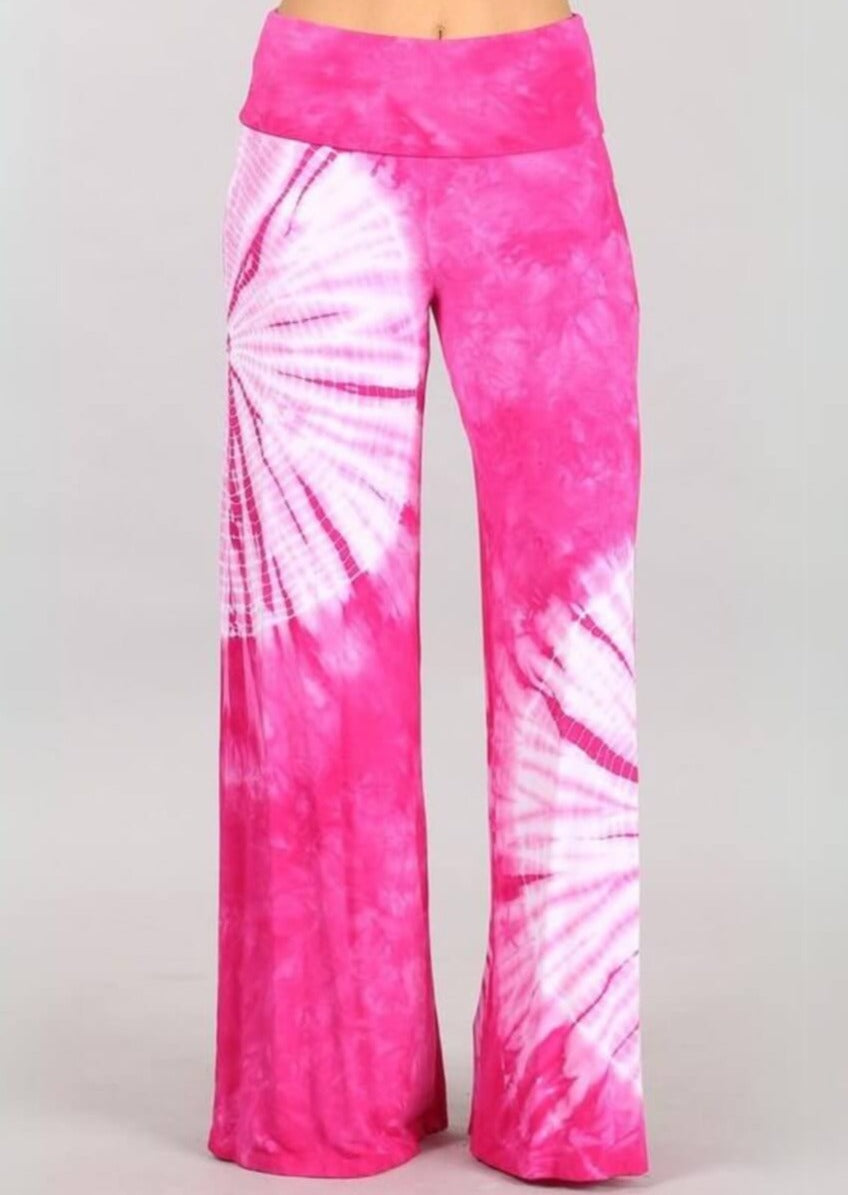 USA Made Fuchsia & White Casual Tie Dye Palazzo Pants Soft & comfortable design with a wide fold over waistband | Classy Cozy Cool Women's Made in USA Boutique