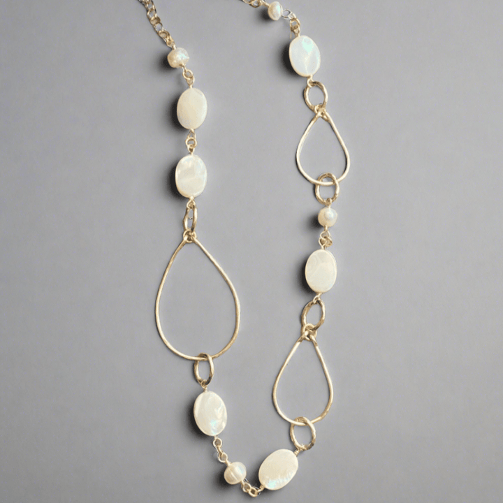 Hand Made in USA Women's Mother of Pearl Long Drop Necklace Gold Hammered Hoops made by Local Artisan | Classy Cozy Cool Women's Made in America Boutique