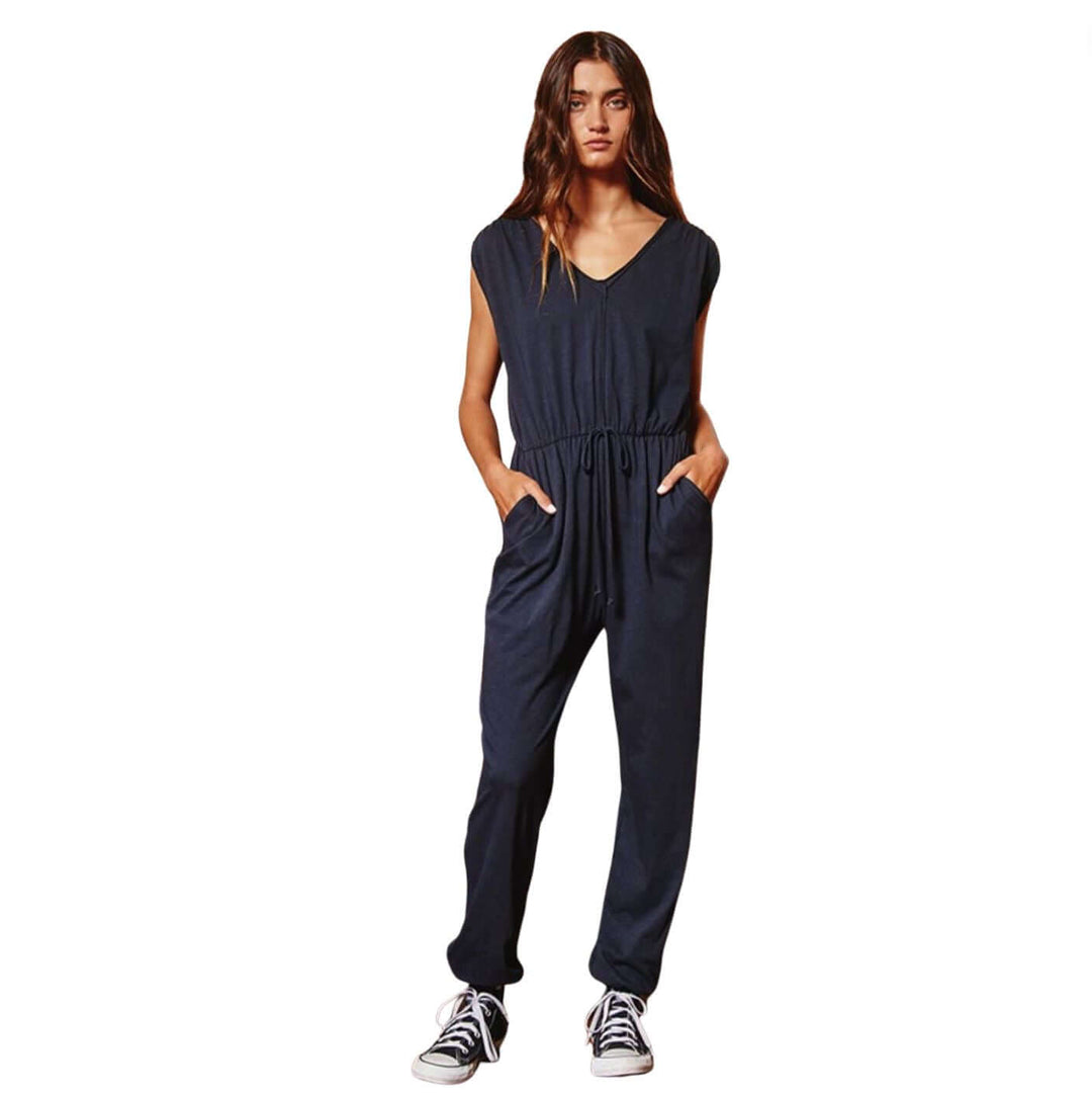 Bucket List Style# R5035B Ladies Navy Blue Cotton Casual All Season Jumpsuit Drawstring Waist | Made in USA | Classy Cozy Cool Women's Made in America Boutique