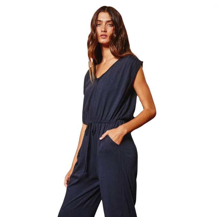 Bucket List Style# R5035B Ladies Navy Blue Cotton Casual All Season Jumpsuit Drawstring Waist | Made in USA | Classy Cozy Cool Women's Made in America Boutique