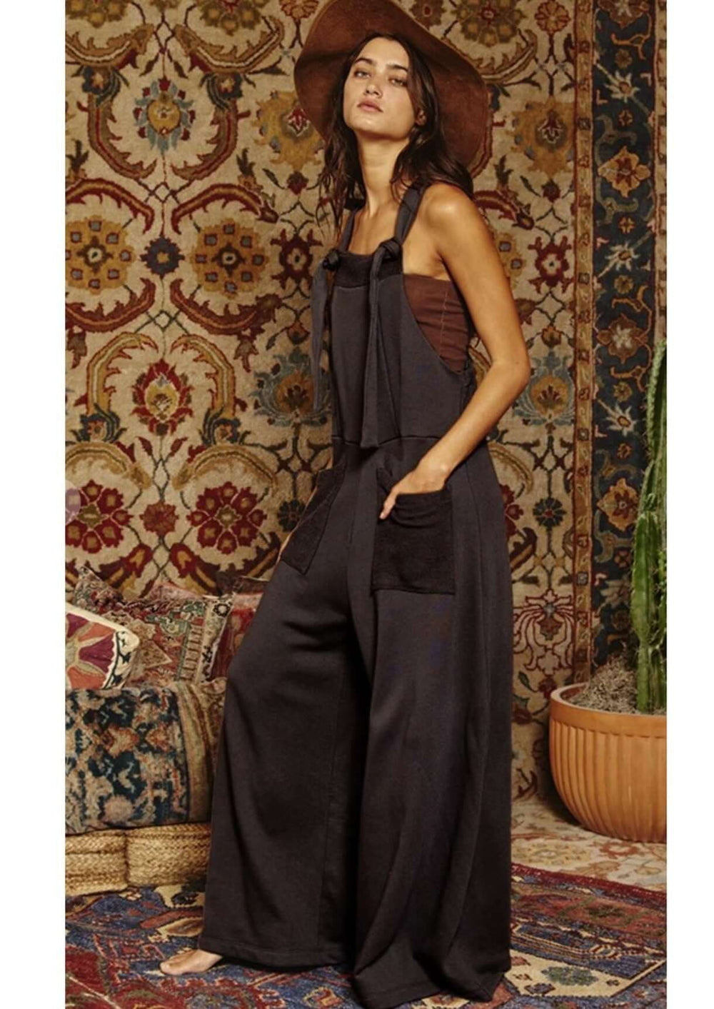 Bucket List Style# R5067 Ladies French Terry Black Overall Casual Fall Season Jumpsuit with Adjustable Straps  | Made in USA | Women's Made in America Boutique