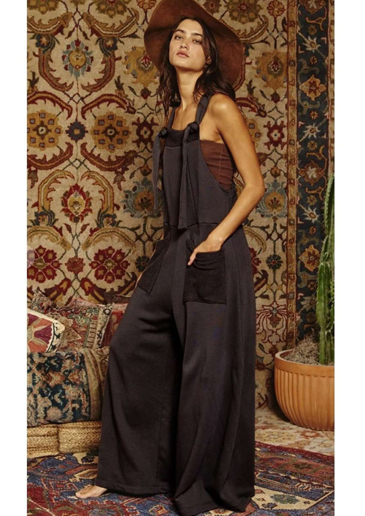 Bucket List Style# R5076 Ladies French Terry Casual Overall Slouchy Jumpsuit with Adjustable Straps  | Made in USA | Women's Made in America Boutique
