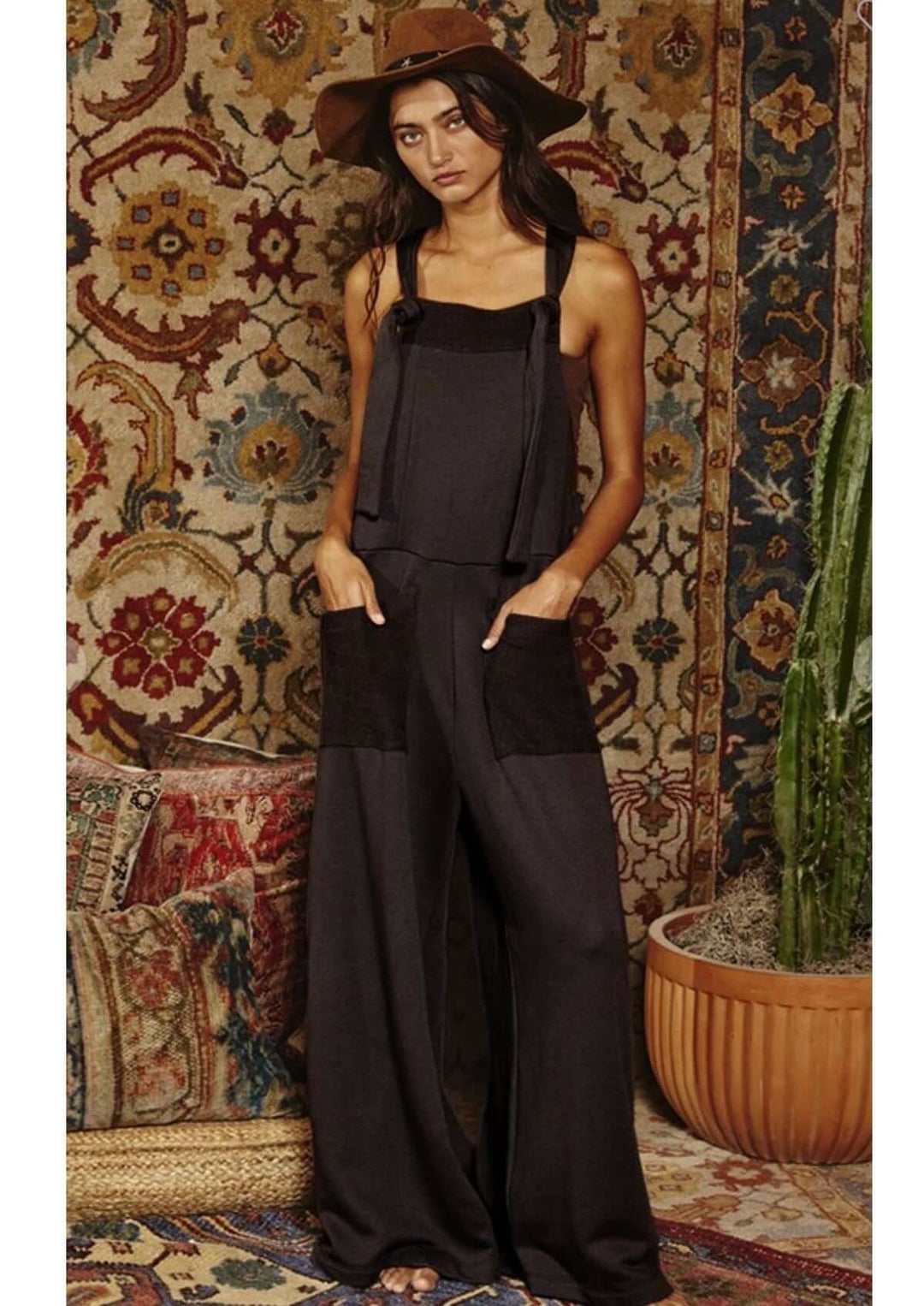 Bucket List Style# R5067 Ladies French Terry Black Overall Casual Fall Season Jumpsuit with Adjustable Straps  | Made in USA | Women's Made in America Boutique