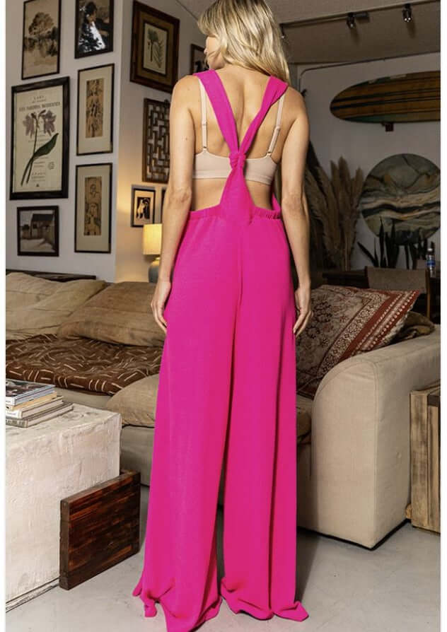 Bucket List Style# R5076 Ladies Fuchsia Oversized Slouchy Overalls Jumpsuit with Adjustable Knot Tie Straps  | Made in USA | Class Cozy Cool Women's Made in America Boutique