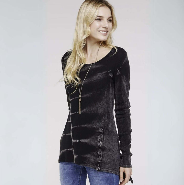 Made in USA Women's Asymmetrical Hem Tie Dye Thermal Tunic in Black/Grey Scoop Neckline, Long Sleeves, 95% Cotton 5% Spandex