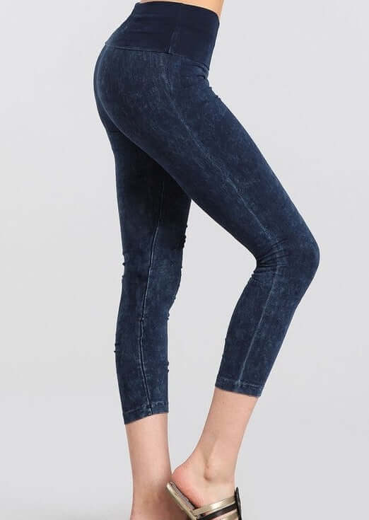Made in USA Dark Denim Mineral Washed Pull On Capri Leggings Tummy control wide fold-over waistband | Classy Cozy Cool Women's American Boutique
