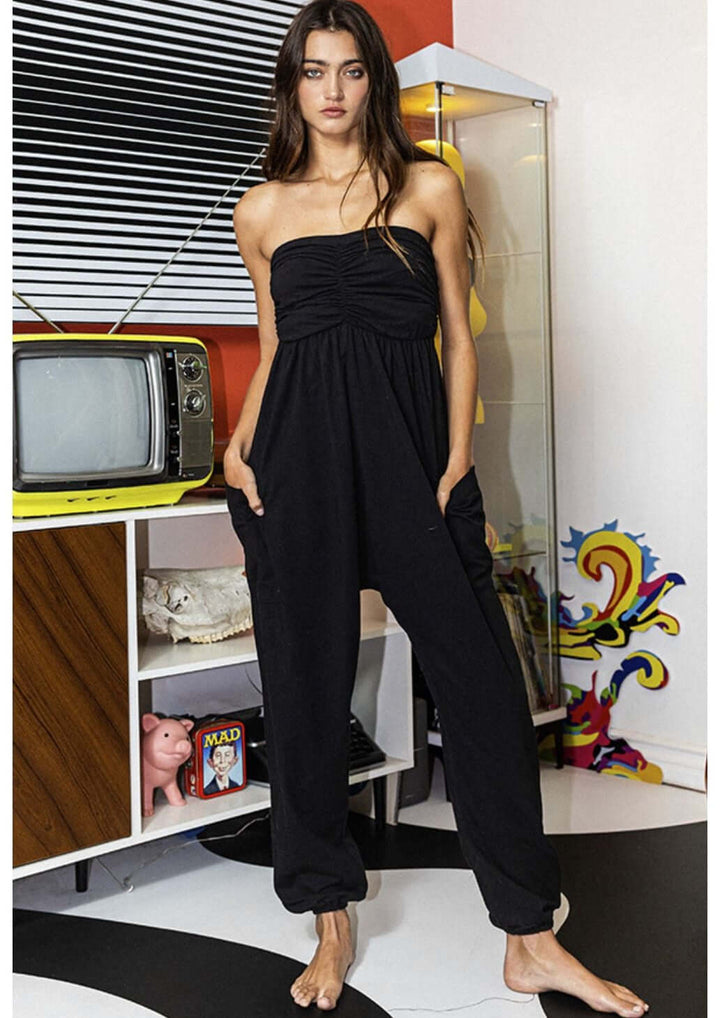 Bucket List Style# R5290 Ladies Strapless Black Ruched Jumpsuit with Drop Crotch  | Made in USA | Class Cozy Cool Women's Made in America Boutique