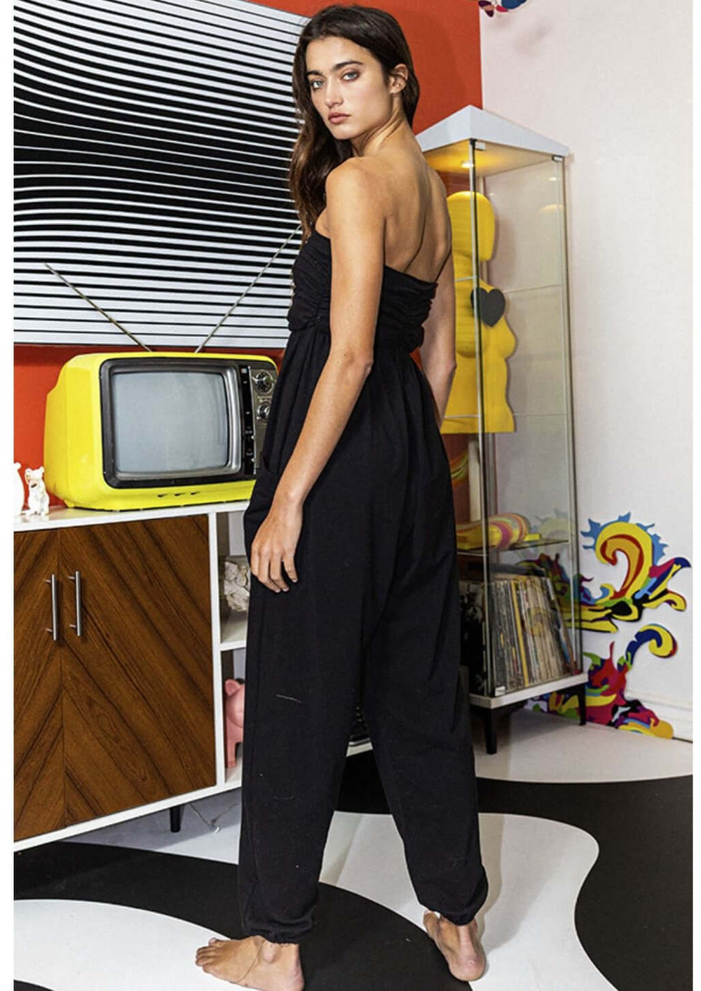 Bucket List Style# R5290 Ladies Strapless Black Ruched Jumpsuit with Drop Crotch  | Made in USA | Class Cozy Cool Women's Made in America Boutique