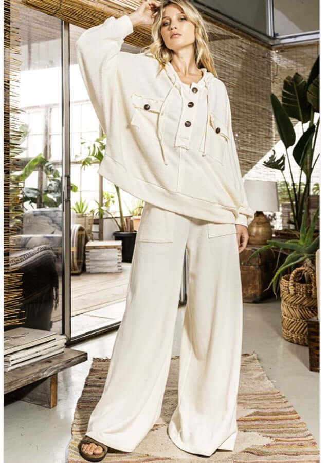 Bucket List Clothing Style# T2015 | French Terry Cotton Pullover Hoodie with Button Front in Cream Color | Made in USA | Classy Cozy Cool Women's Made in America Boutique