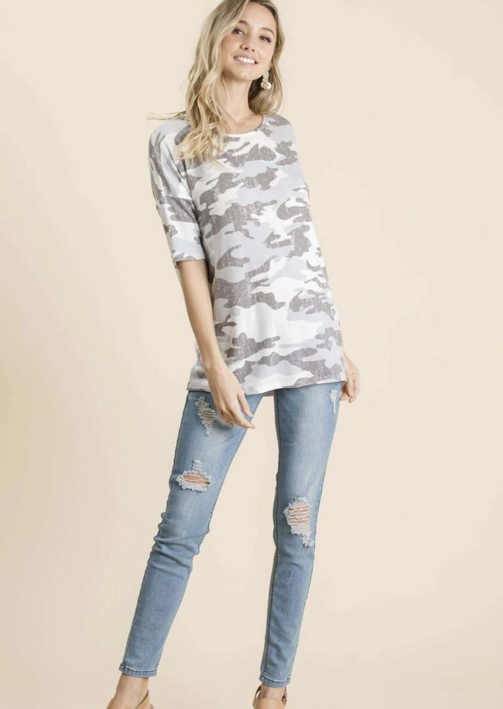 Made in USA Women's Oversized Camo Tee, Round Neckline, Super Soft Material, Lightweight, Longer Length | Classy Cozy Cool Made in America Boutique
