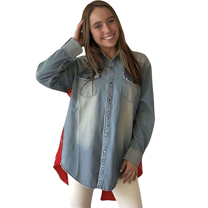 Jaded Gypsy Cowtown Denim Snap Down Boho Design Denim Shirt Jacket with Red Handkerchief Back Panel in Medium Distressed Denim | Made In USA