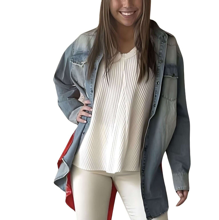 Jaded Gypsy Cowtown Denim Snap Down Boho Design Denim Shirt Jacket with Red Handkerchief Back Panel in Medium Distressed Denim | Made In USA