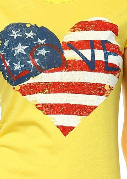 USA Made Ladies Lightweight Modal Crew Neck Yellow Tee with Patriotic Graphic Heart Perfect for the 4th of July | Classy Cozy Cool Women's Made in America Boutique