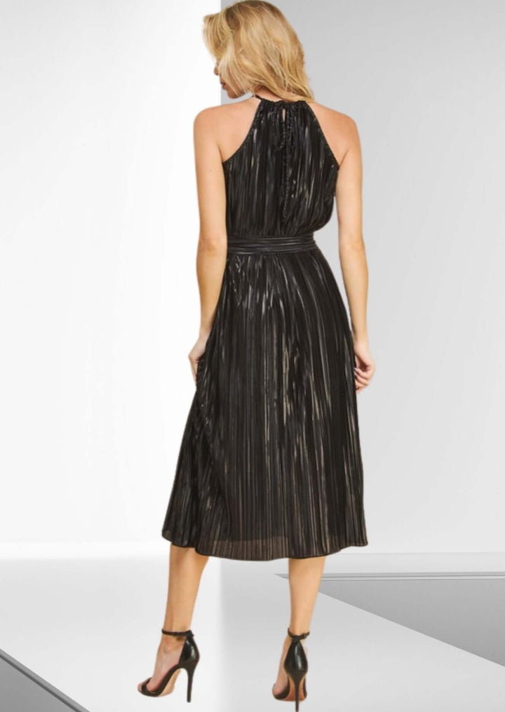 Woman's Black Pleated Halter Midi Dress for Events, Parties, Weddings, Dressy | Made in USA | Classy Cozy Cool Made in America Boutique