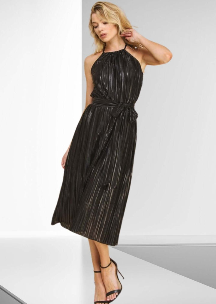 Woman's Black Pleated Halter Midi Dress for Events, Parties, Weddings, Dressy | Made in USA | Classy Cozy Cool Made in America Boutique