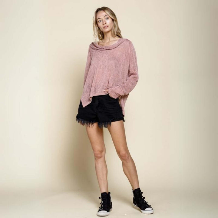 Made in USA Women's Low Gauge Sheer Lightweight Long Sleeve Slouchy Cowl Neck Knit Top in Mauve or Mocha | Classy Cozy Cool Made in America Boutique