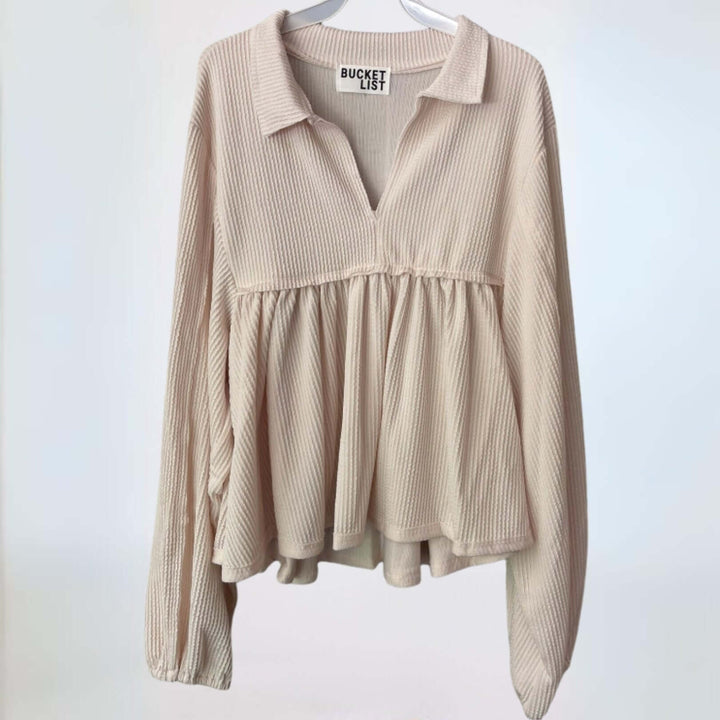 Textured Women's Baby Doll Bubble Sleeve Top in Cream | Bucket List Clothing Style # T1902 |  Made in USA | Classy Cozy Cool Women’s Clothing Boutique
