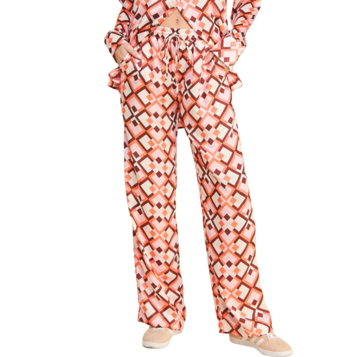 USA Made Ladies Pink Retro Pattern Satin Pants by If She Loves Style # ISP1235A | High Rise with Elastic Waist | Classy Cozy Cool Women's Made in America Clothing Boutique