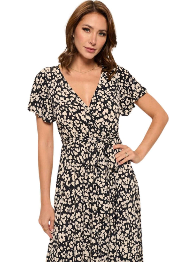 USA Made Ladies High Low Black & Tan Floral V-Neck Maxi Dress With Flutter Sleeves | Classy Cozy Cool Women's Made in America Boutique