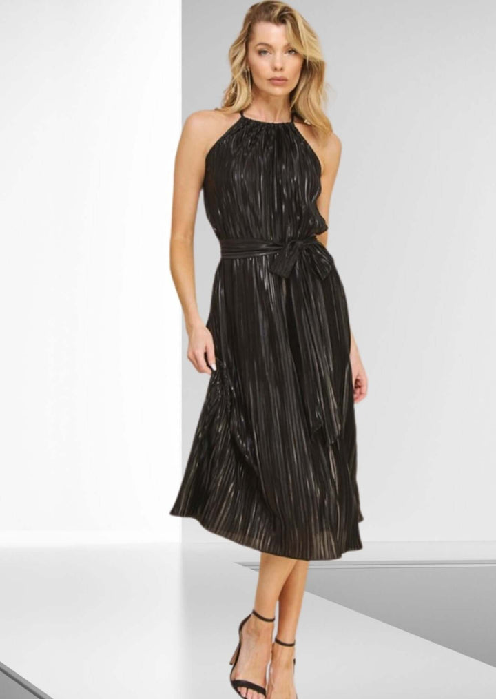 Woman's Black Pleated Halter Midi Dress for Events, Parties, Weddings, Dressy | Made in USA | Classy Cozy Cool Made in America Boutique