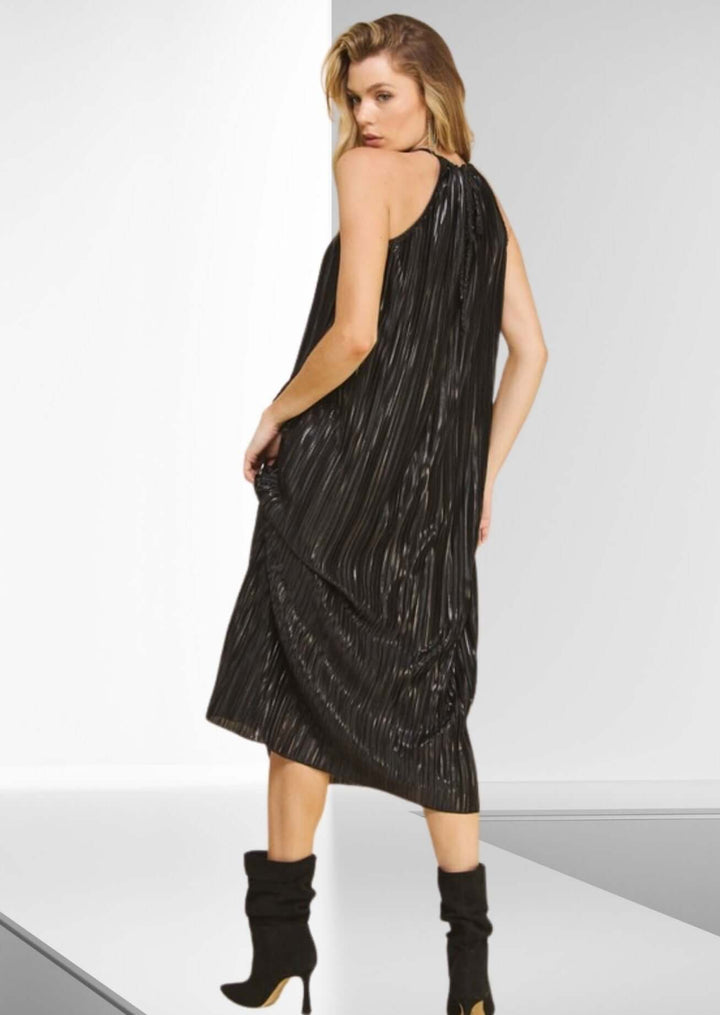 Woman's Black Pleated Halter Midi Dress for Events, Parties, Weddings, Dressy | Made in USA | Classy Cozy Cool Made in America Boutique