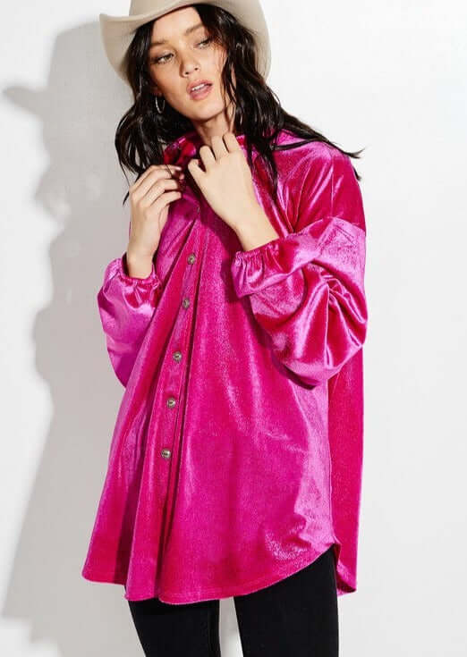 USA Made Women's Shiny Soft Oversized Velvet Button Down Shirt Jacket in Fuchsia | Classy Cozy Cool Women's Made in America Boutique