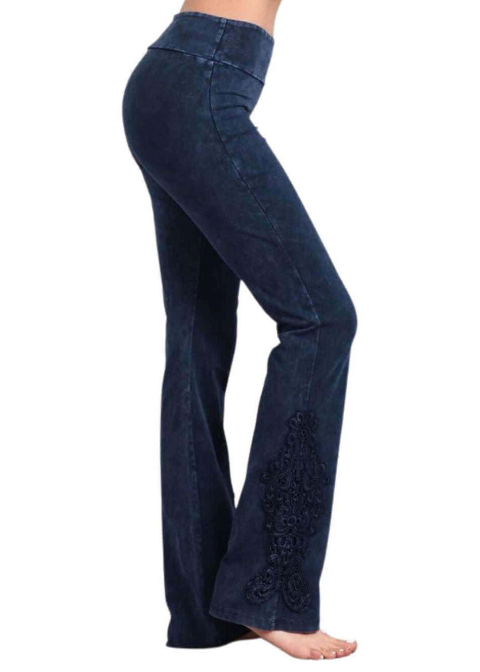 Electric Blue Chatoyant Mineral Washed Boot Cut Jeggings with Crochet Detail Hem Style# C30372 | Women's Fashion Clothing made in USA | Classy Cozy Cool Boutique