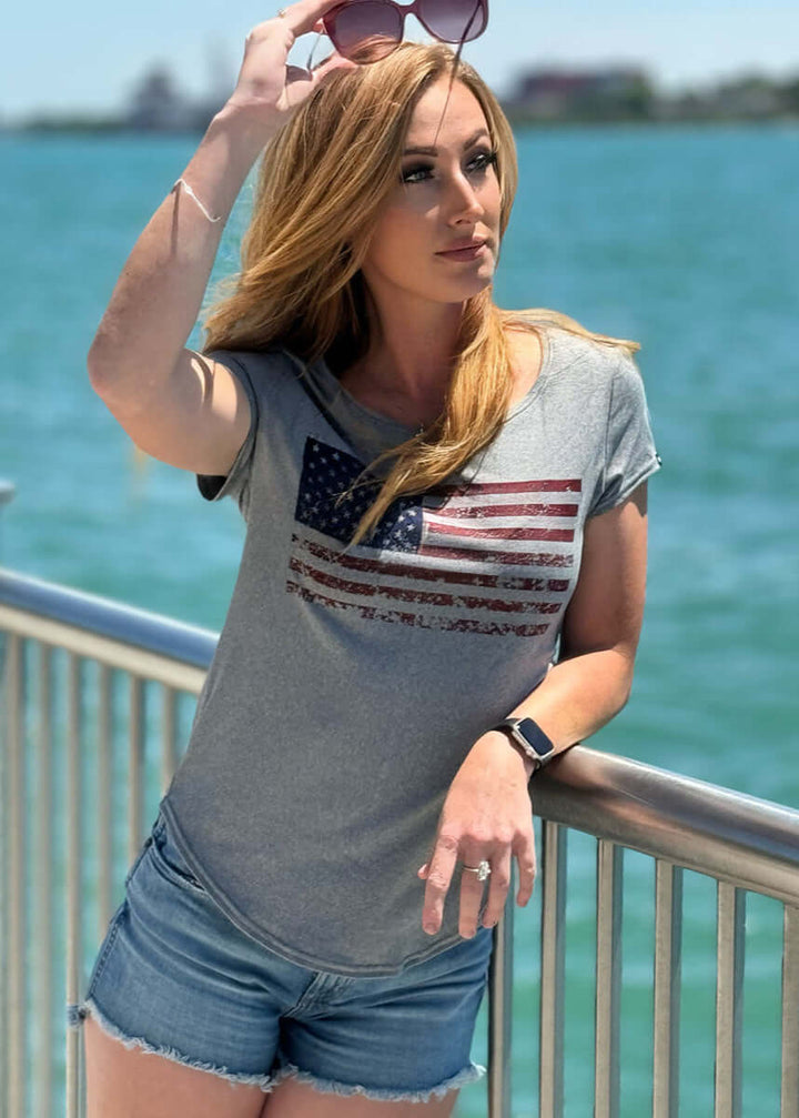 Made in USA WSI Sportswear Women's Patriot  American Flag Graphic SoftTECH™  Cap Sleeve T-Shirt in Heather Gray