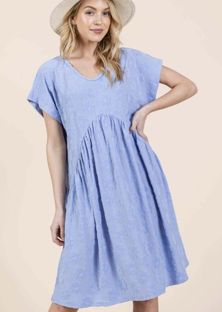 Made in USA Soft Textured Daisy Detail Dress, Above the Knee Length, Short Sleeves, Round Neckline, Soft Stretchy Material, Blue with Raised Daisy Texture Detail