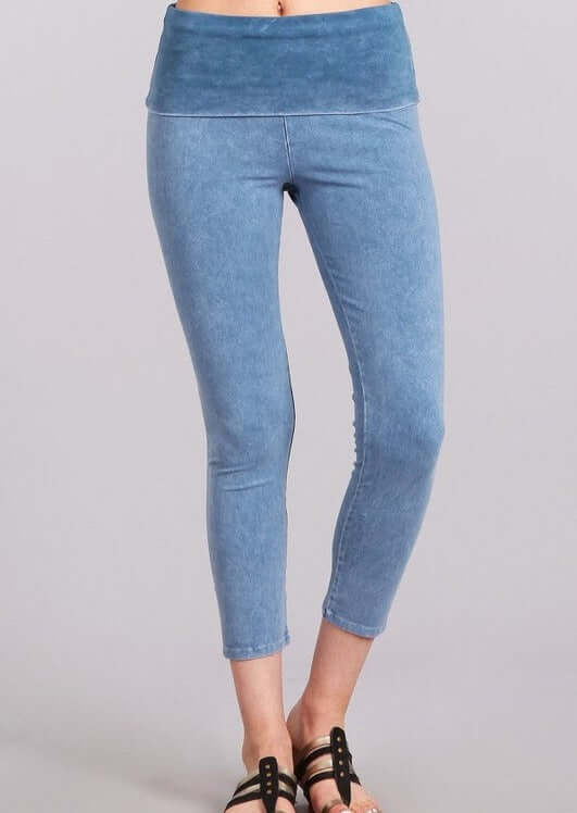 Made in USA Light Denim Mineral Washed Pull On Capri Leggings Tummy control wide fold-over waistband | Classy Cozy Cool Women's American Boutique