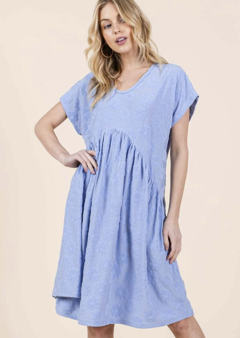 Made in USA Soft Textured Daisy Detail Dress, Above the Knee Length, Short Sleeves, Round Neckline, Soft Stretchy Material, Blue with Raised Daisy Texture Detail