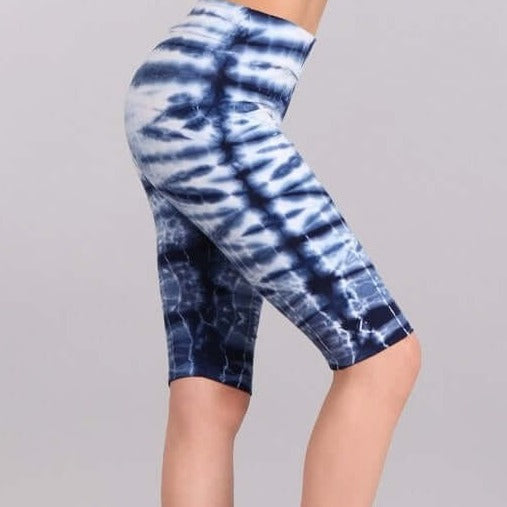 Ladies Mineral Washed Tie Dye Blue Knee Length Biker Shorts | Chatoyant Style# C30330 | Made in USA | Classy Cozy Cool Women's Made in America Boutique
