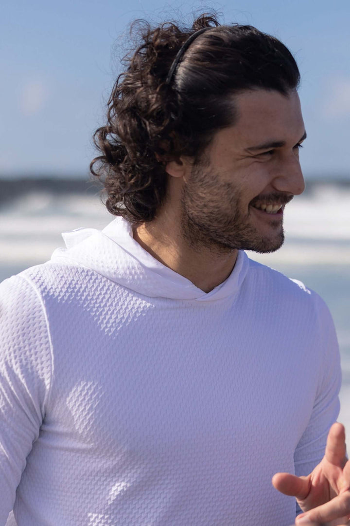 Experience the ultimate combination of our lightweight and breathable Illusion mesh material. WSI Sportswear Unisex Illusion Mesh Sun Hoodie in White, Advanced Wicking Properties.