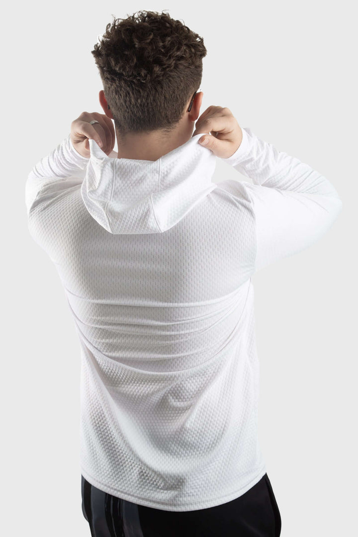 Experience the ultimate combination of our lightweight and breathable Illusion mesh material. WSI Sportswear Unisex Illusion Mesh Sun Hoodie in White, Advanced Wicking Properties.