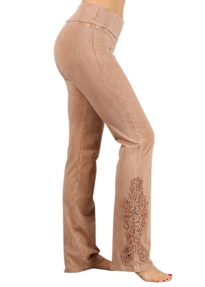 Chatoyant Mineral Washed Boot Cut Jeggings with Crochet Detail Hem Style# C30372 | Women's Fashion Clothing made in USA | Classy Cozy Cool Boutique